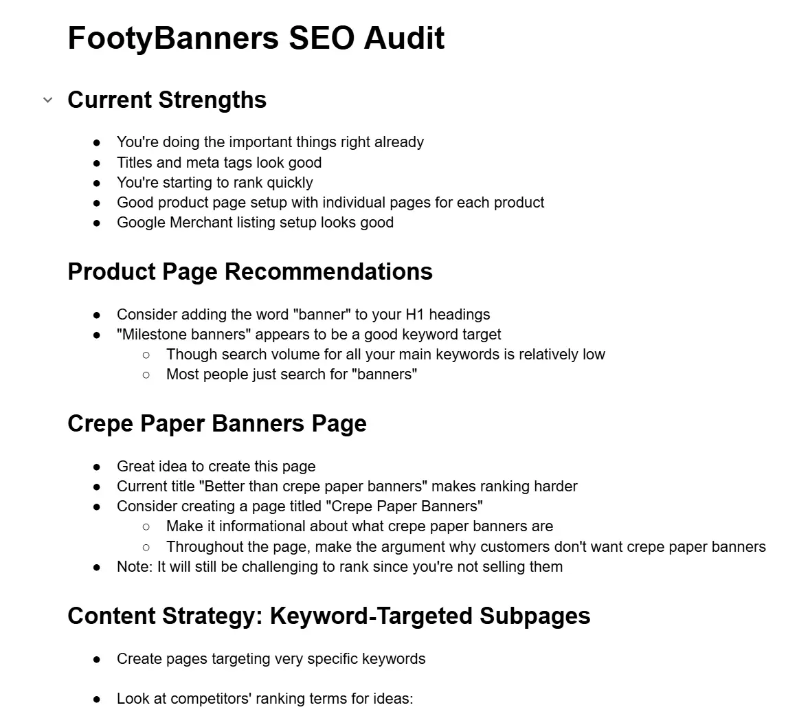 A written SEO audit document with sections for current strengths and product page recommendations.