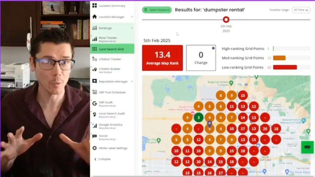 TJ on webcam, gesturing beside a local search grid for dumpster rental with red, orange and green pins.