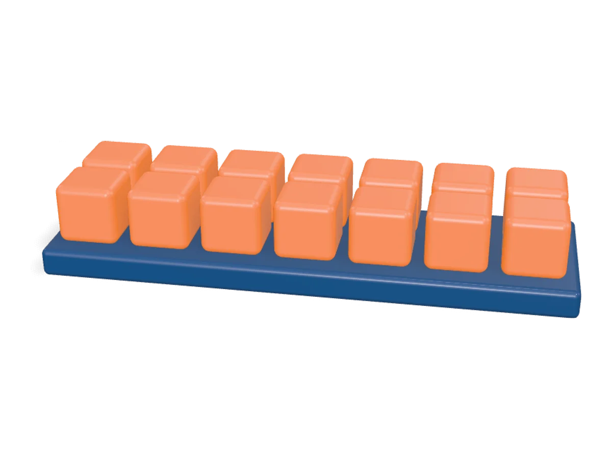 Fourteen orange cubes sitting in two rows on a navy slab.
