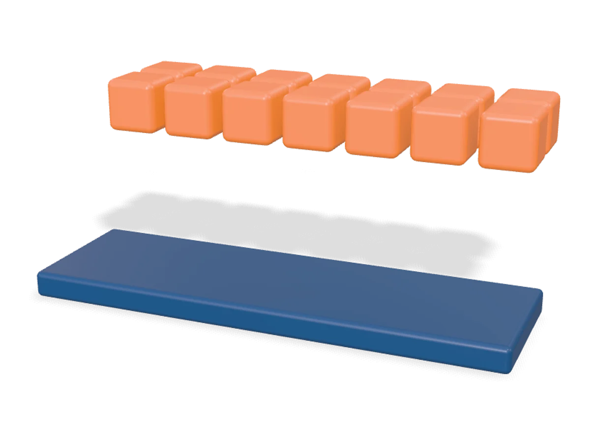 The navy slab slides forward, apart from the orange cubes floating above it.
