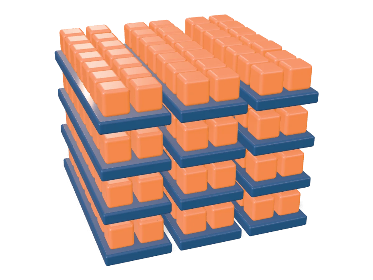 Four quarters of cubes and slabs stacked into a tower.